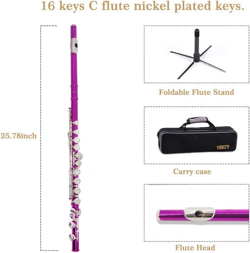 YANASON Pink C Flute Closed Hole 16 Keys Flute Nickel-Plated for Beginner, Student and Professionals with Carrying case, Metal stand, Gloves, Tuning Rod, Cleaning kit(Pink) - Image 2